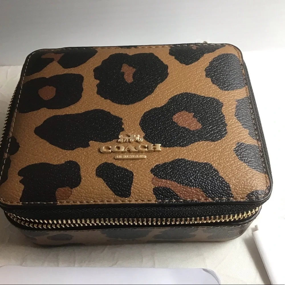Coach Leopard Print Travel Jewelry Case in Brown and Black with Mirror